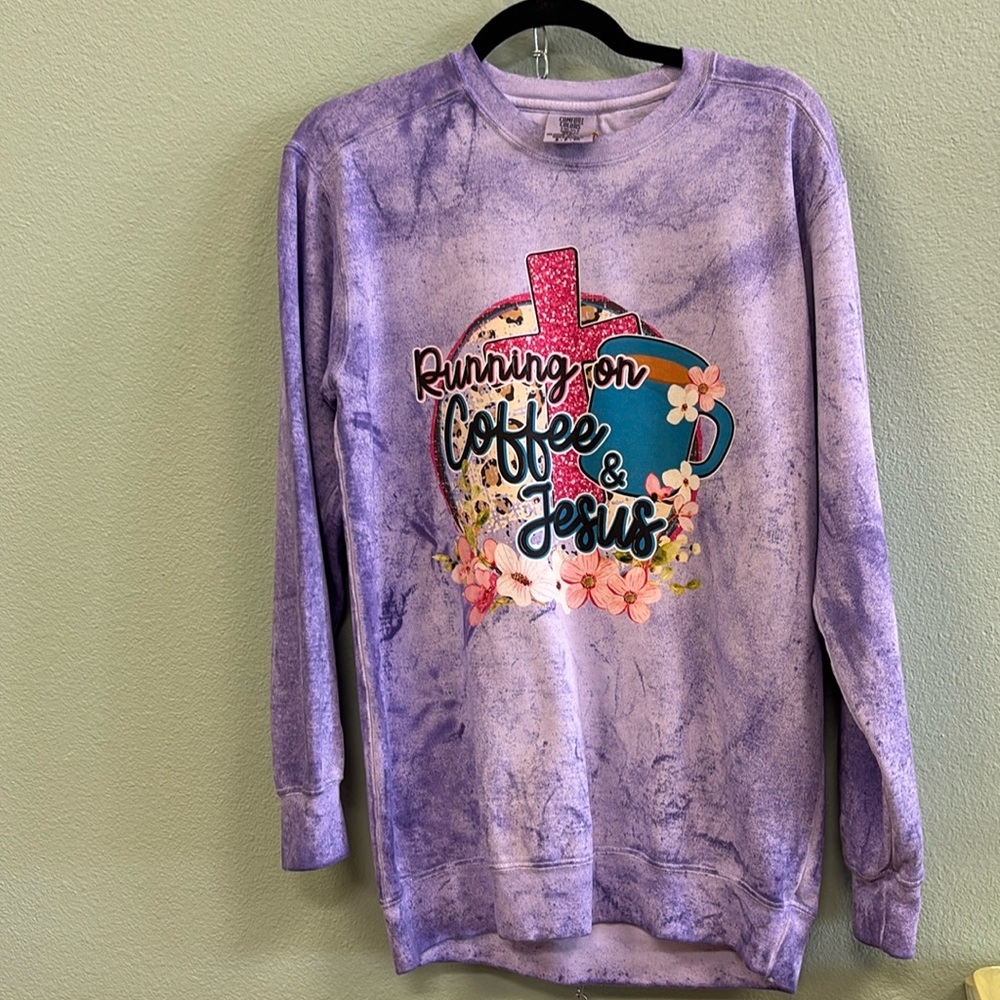 NWT purple coffee and Jesus sweatshirt, comfort colors